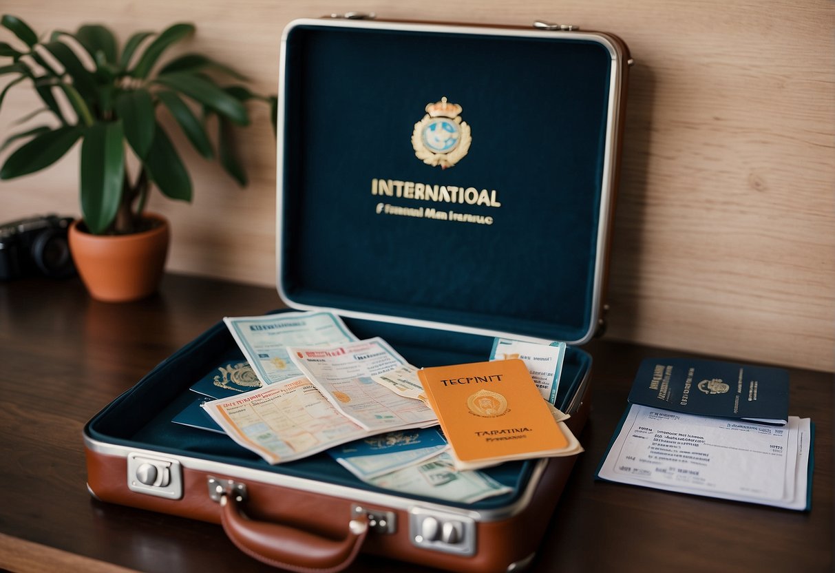 A suitcase with travel stickers sits next to a passport and international travel insurance documents on a table, ready for a trip