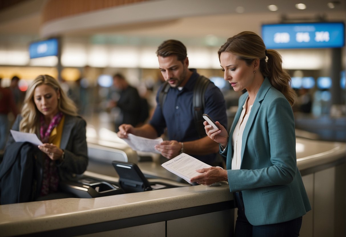 Passengers frustrated at airport counter, holding AARP travel insurance documents. Staff member on phone, trying to resolve trip cancellations