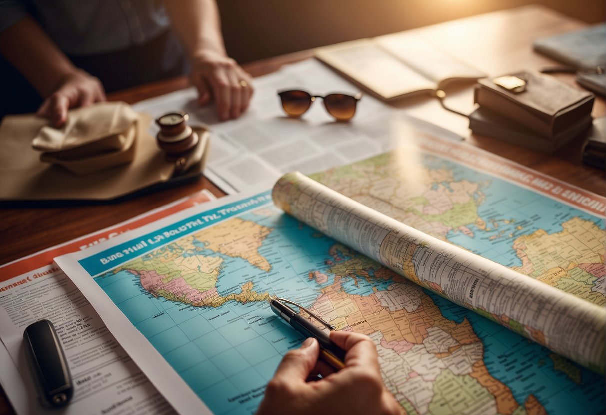 A traveler carefully reads AARP international travel insurance policy fine print, surrounded by maps and travel documents
