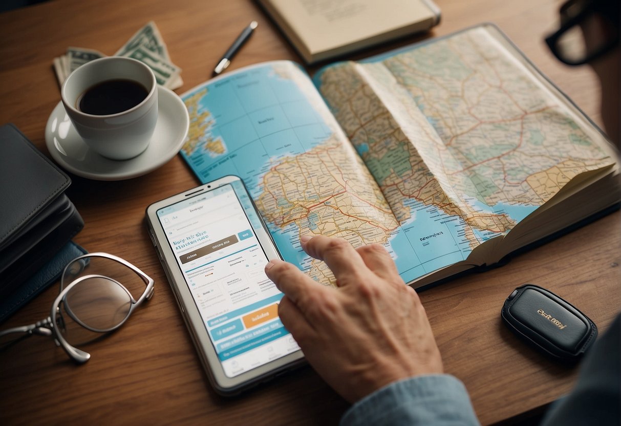 A person researching travel insurance options, comparing coverage and prices online, with a map and passport nearby
