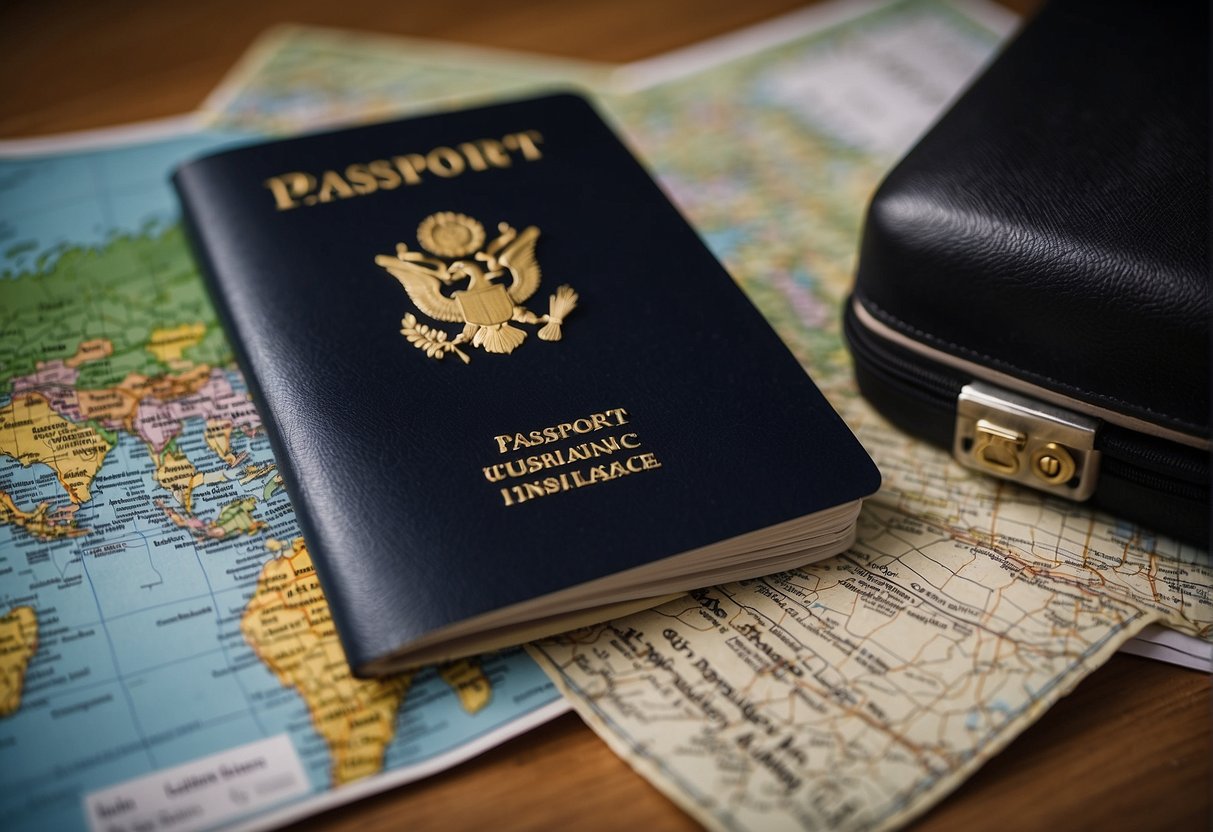 A passport, a map, and a travel insurance card laid out on a table. A suitcase packed with essentials sits nearby