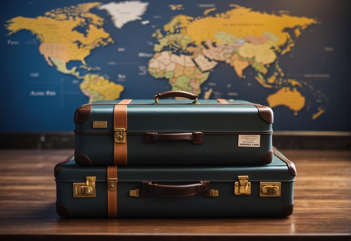 Two suitcases side by side, one with a travel insurance sticker and the other without, against a backdrop of a world map