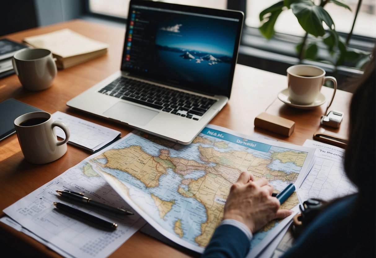 A traveler sits at a desk with a map, calculator, and notebook, planning and budgeting for an international trip