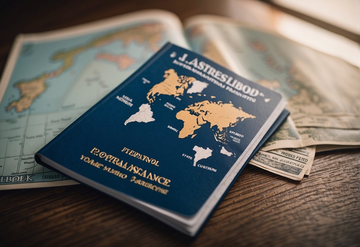 A passport, boarding pass, and travel insurance brochure on a table, with a world map in the background, representing international travel preparations