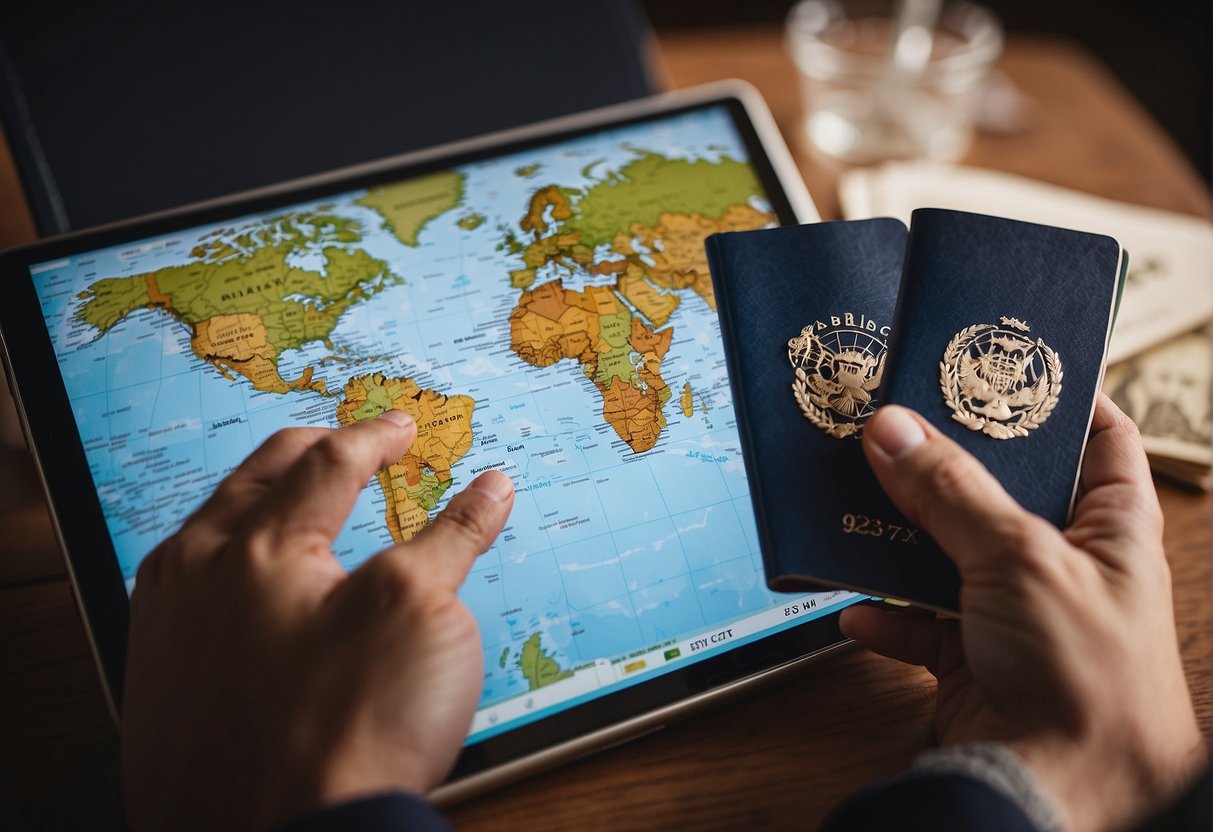 A hand reaches for a portable wifi device, surrounded by a passport, map, and international currency