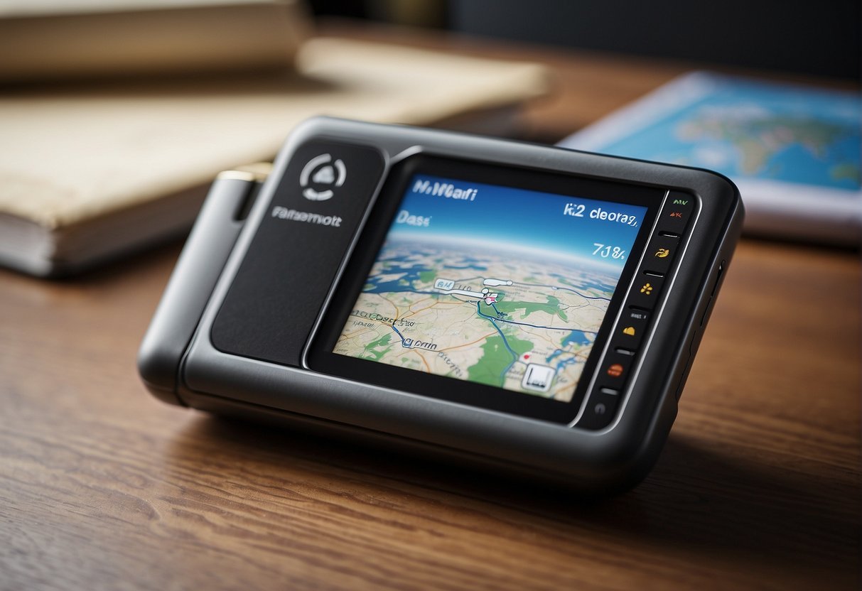 A portable Wi-Fi device sits on a table with a world map and passport nearby, ready for international travel