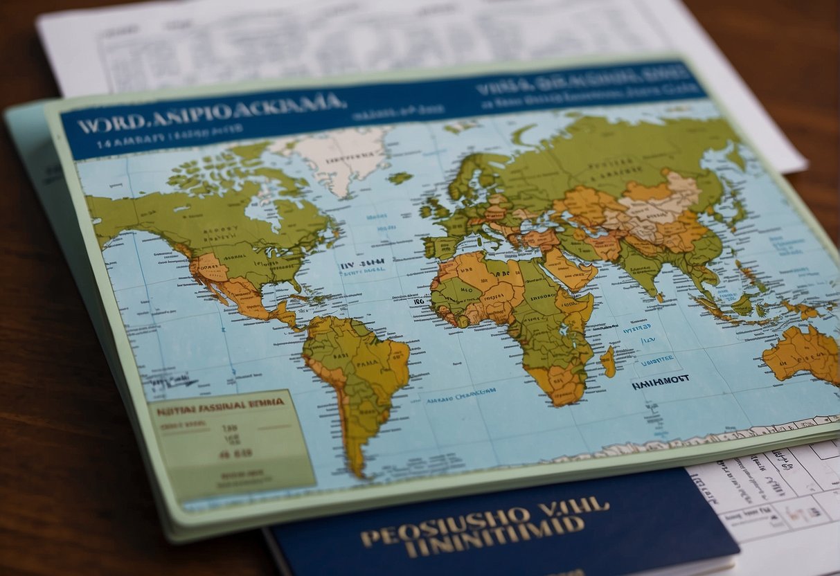 A passport, visa, and completed forms are laid out on a desk with a world map in the background