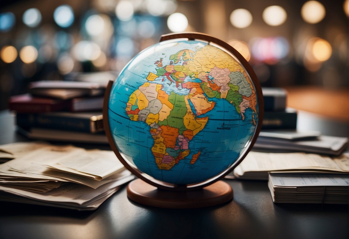 A globe surrounded by passports and boarding passes, with a clear "Frequently Asked Questions" sign for international travel