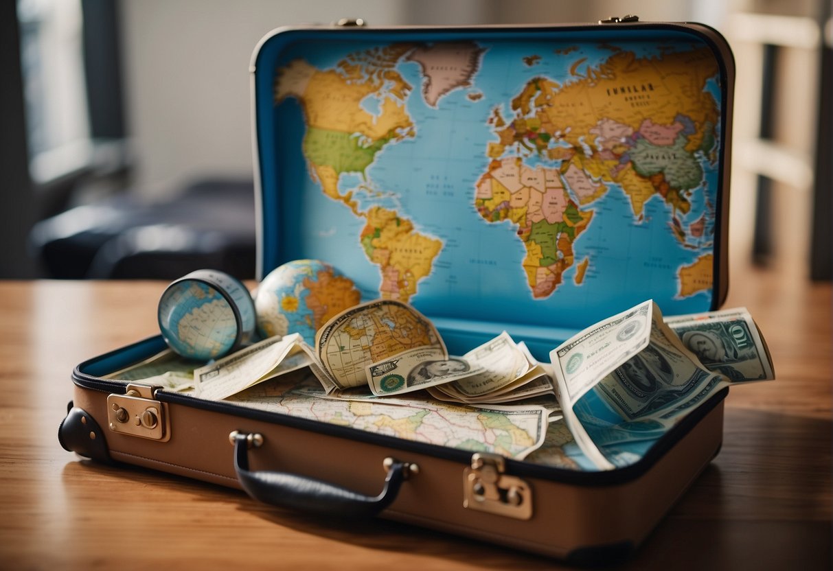 A suitcase with travel stickers, a world map, and an insurance policy on a desk