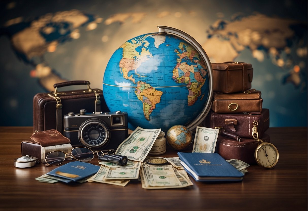 A globe surrounded by travel-related items, such as a passport, airplane tickets, and a suitcase, with a medical symbol overlaid on top