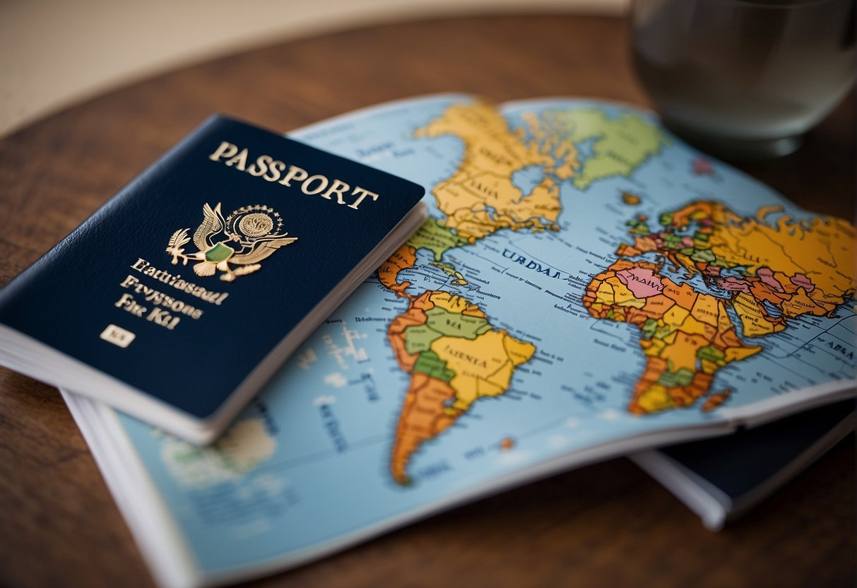 Passports, luggage, and a world map on a table. Airport signs in different languages. A plane flying in the sky