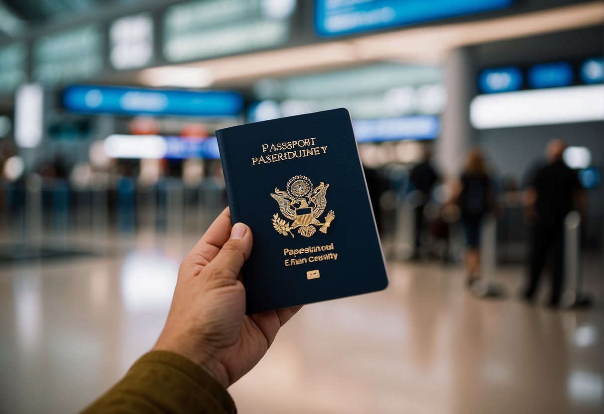 Passport and boarding pass held in hand, with airport security in background. Signs indicate entry and exit requirements for international travel