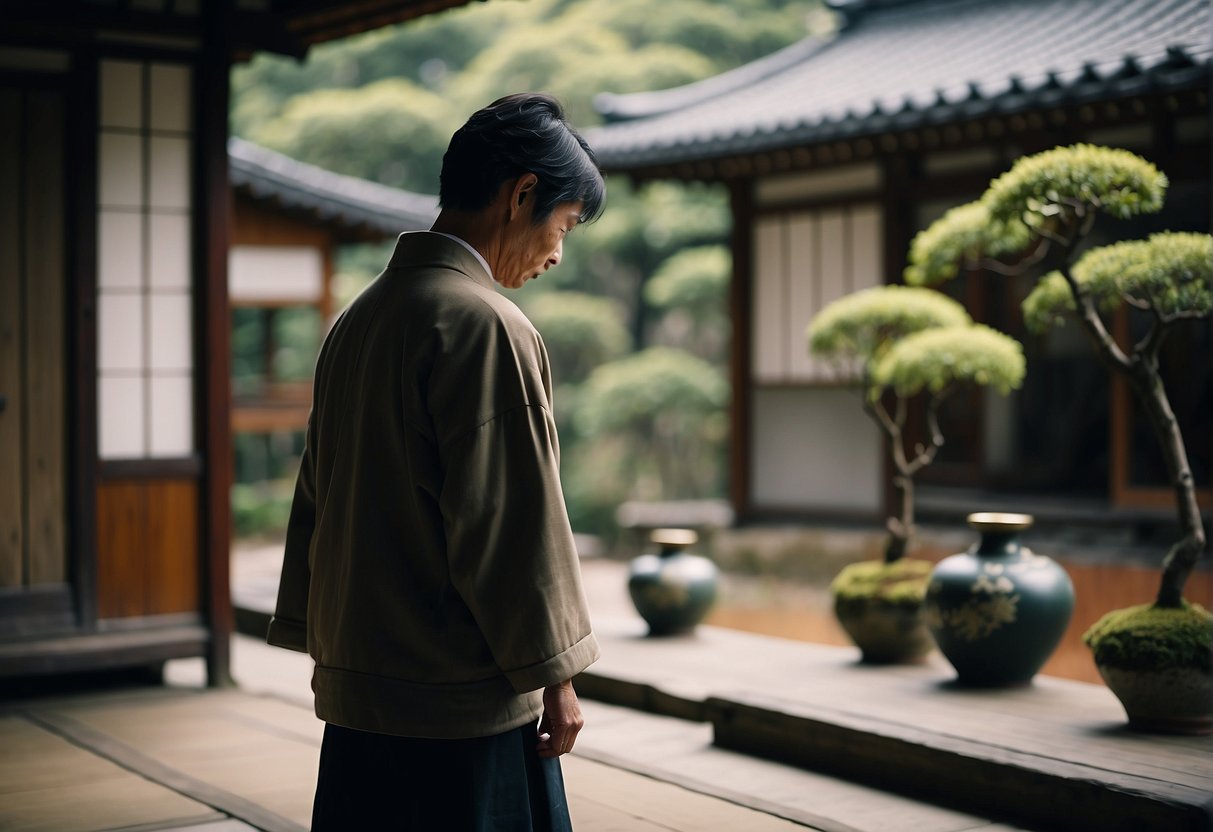 A traveler respectfully bows before entering a traditional Japanese tea house, mindful of local customs and legal regulations