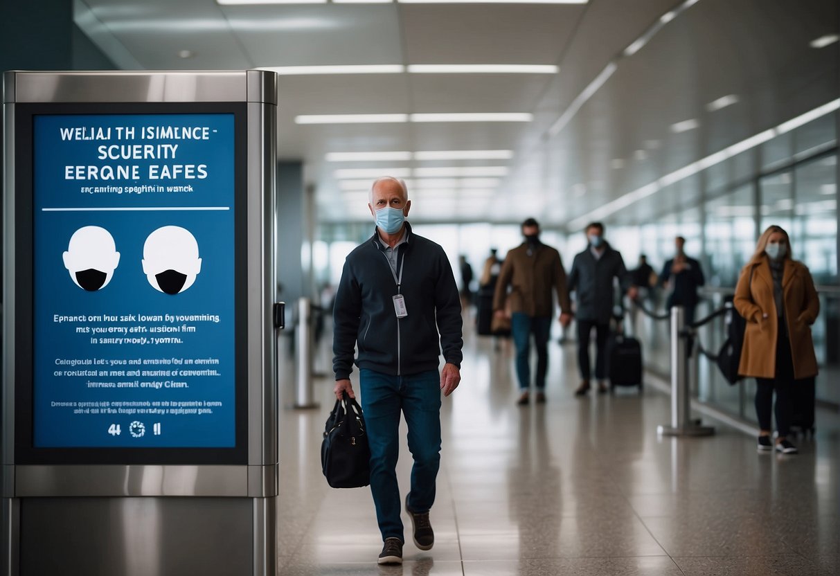 Passengers wearing masks and maintaining distance at airport security. Signs displaying health and safety guidelines. Emergency exits clearly marked