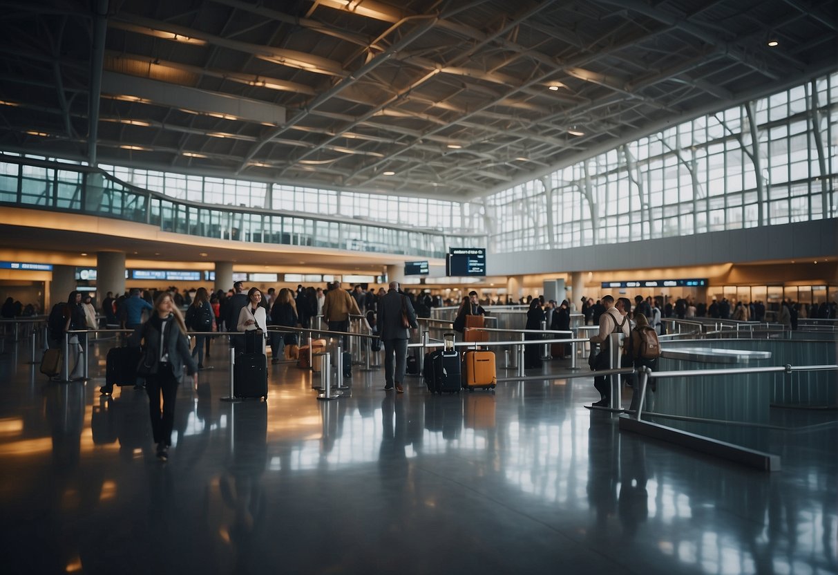 A bustling airport terminal with people checking in, luggage being loaded onto conveyor belts, and planes taking off into the sky