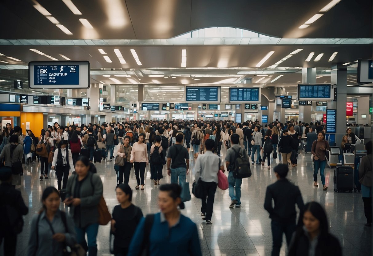 A crowded airport with diverse travelers navigating customs and security. Signs in multiple languages and currency exchange booths