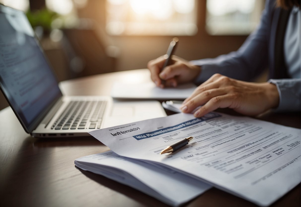 A person comparing travel insurance plans on a table, with documents, a laptop, and a pen