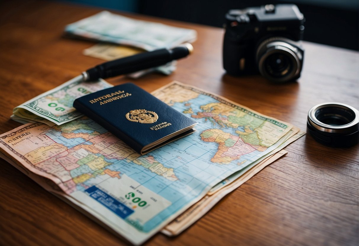 Passports, luggage, and a world map on a table, with a plane ticket and international currency scattered around