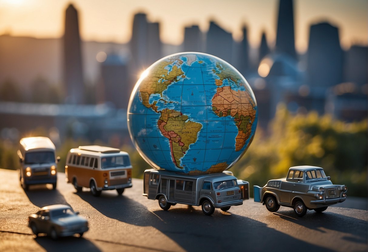 A globe surrounded by various modes of transportation, with landmarks from different countries in the background