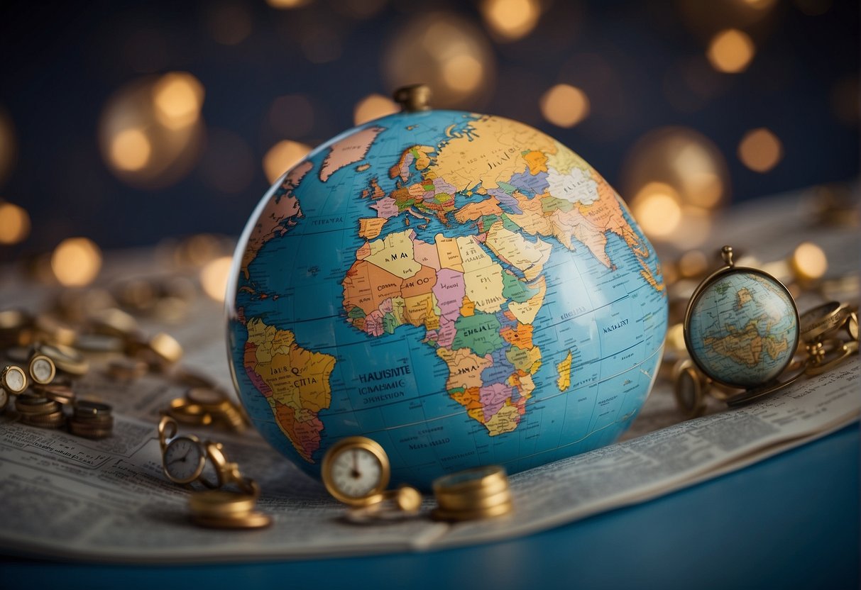 A globe with various travel destinations highlighted, surrounded by question marks and a world map in the background