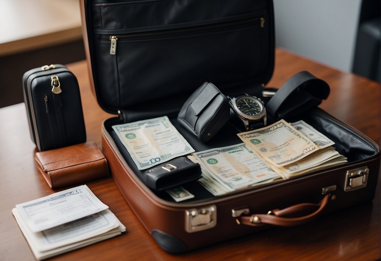 A travel checklist lies open on a table, surrounded by a passport, tickets, and a currency exchange receipt. A suitcase sits nearby, half-packed with clothes and travel essentials