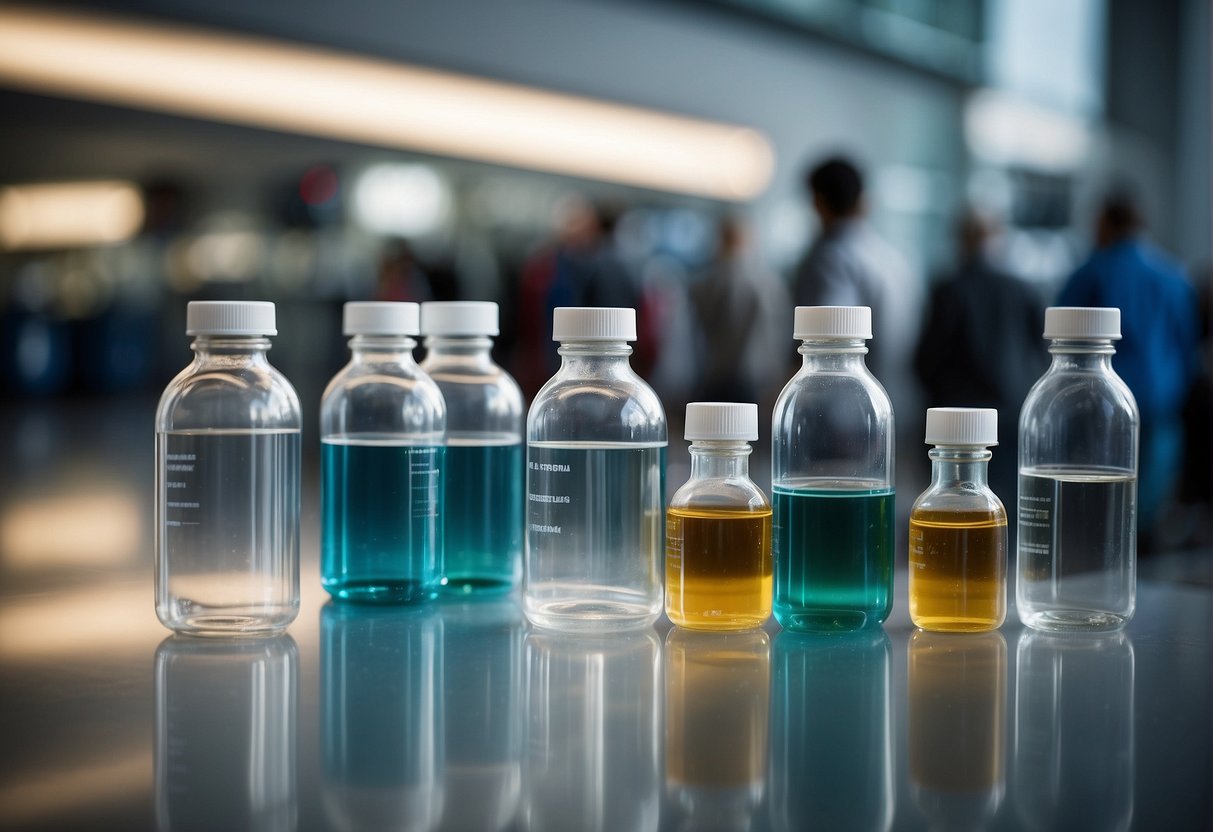 Various liquids in 100ml containers, placed in a clear plastic bag, next to a security checkpoint at an airport