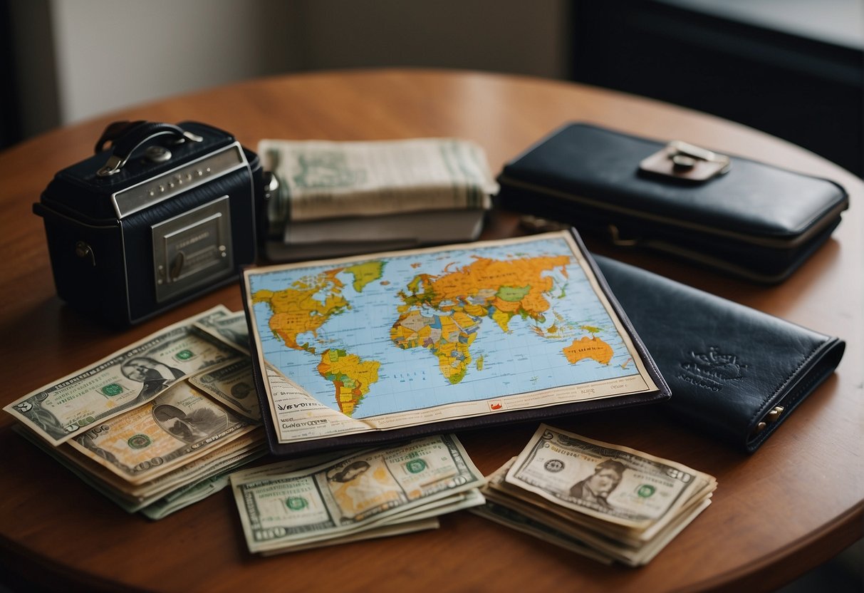 Passports, travel itinerary, and currency spread out on a table. Suitcase open with clothes being packed. Map and guidebooks laid out for planning