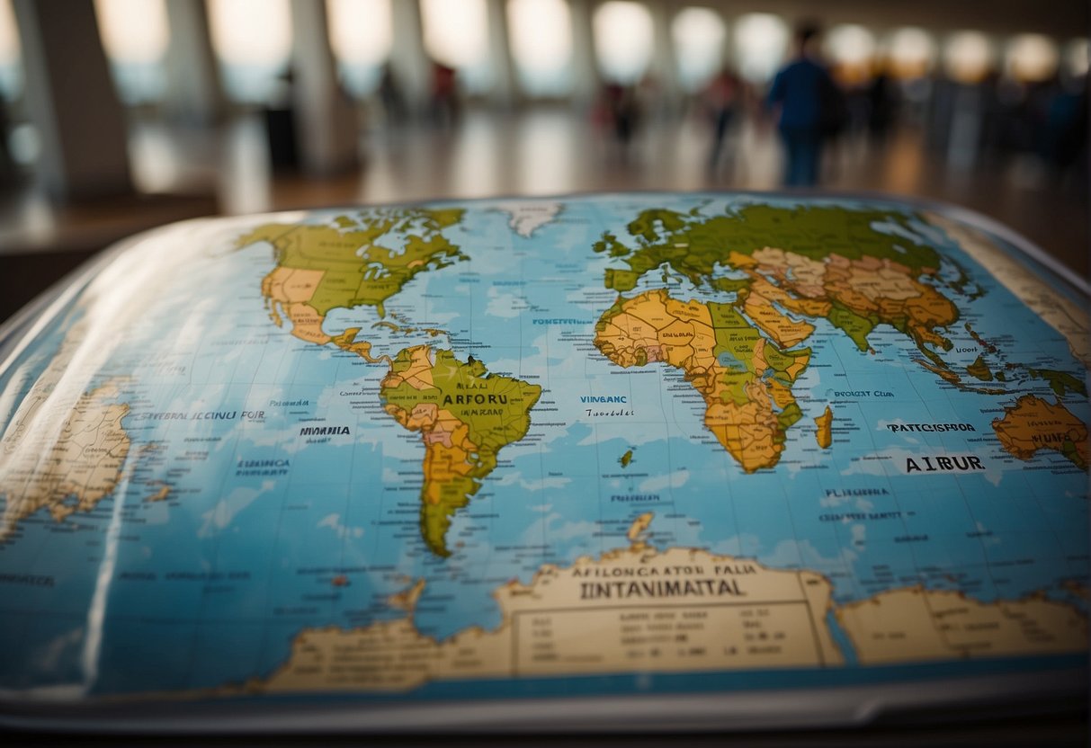 Passports, luggage, and airport signs indicate international travel. A globe or map shows various destination points. Airplanes or transportation vehicles are present