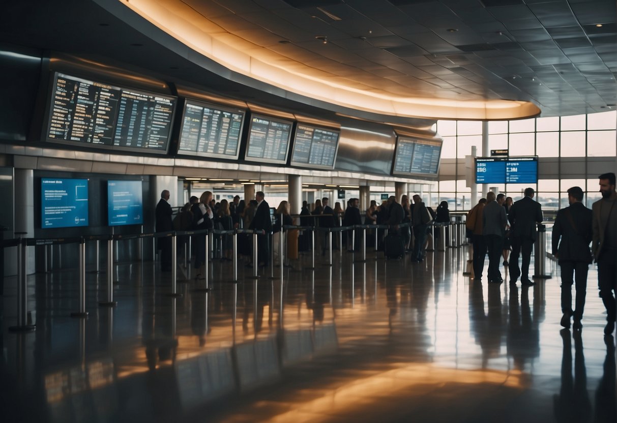 Passengers waiting at airport gates, planes taxiing on runways, flight departure and arrival boards updating in real-time