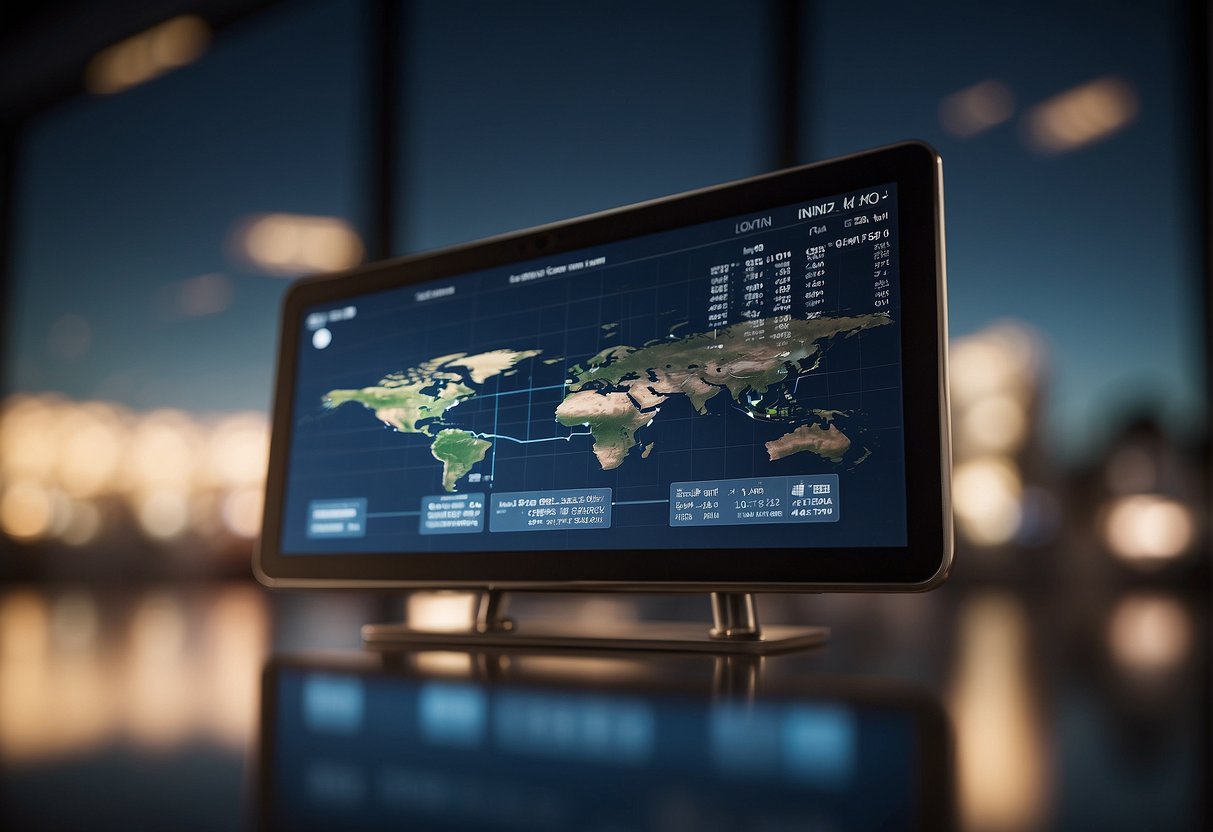 A plane icon on a screen displays real-time international flight status updates