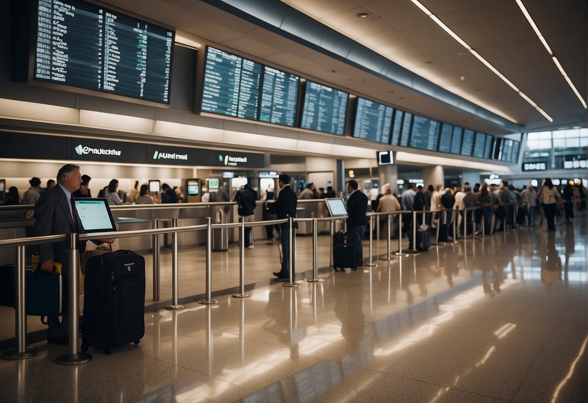 A busy airport terminal with planes on the tarmac, flight departure and arrival boards, and passengers waiting in lines at check-in counters