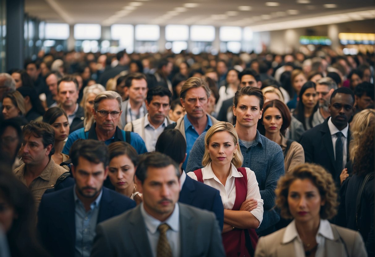 Passengers wait in a crowded airport terminal. Flights are delayed or cancelled, causing frustration and confusion. Airport staff work to provide updates and assistance