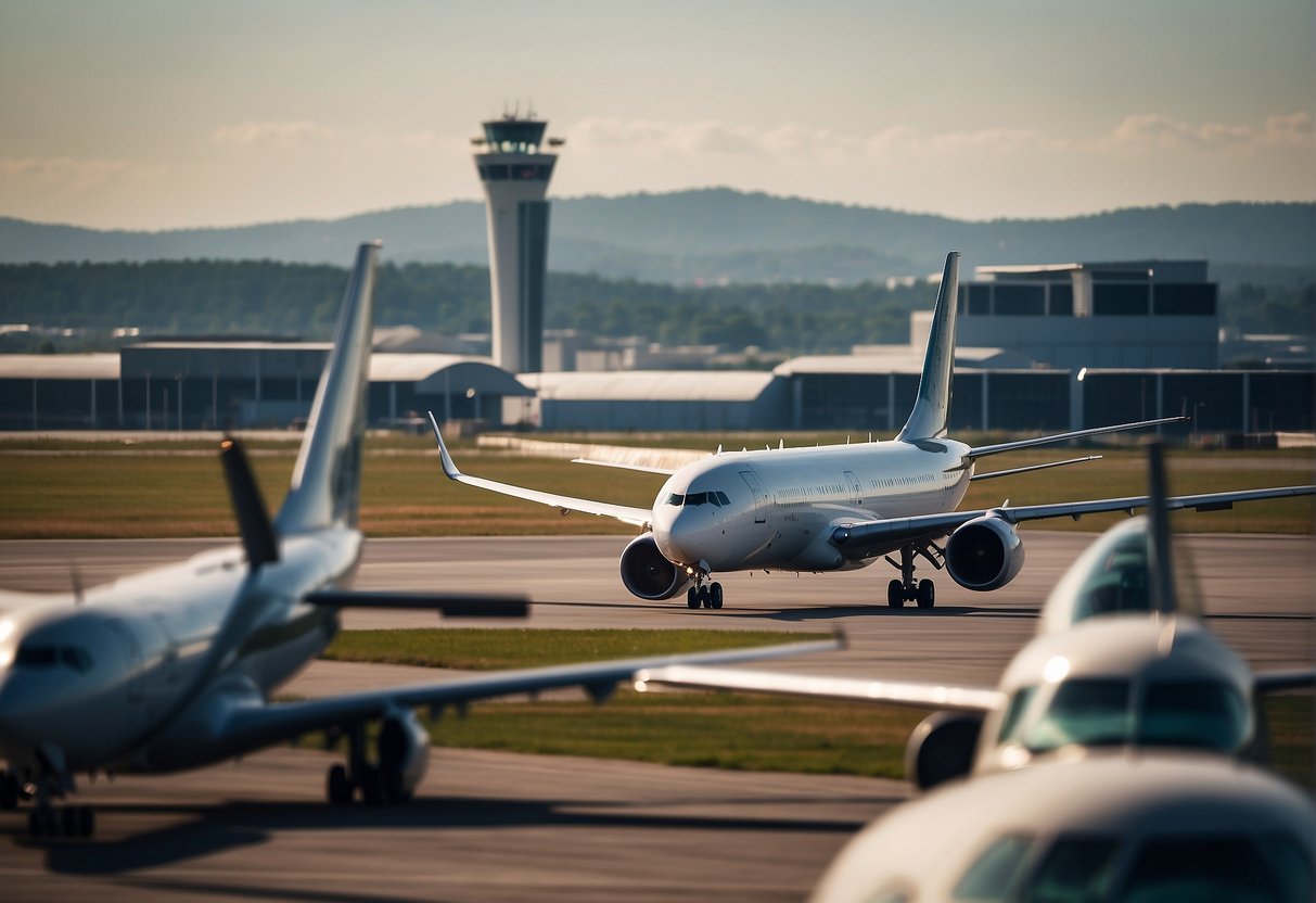 A plane takes off from a busy airport runway, with other planes lined up for departure and control tower in the background