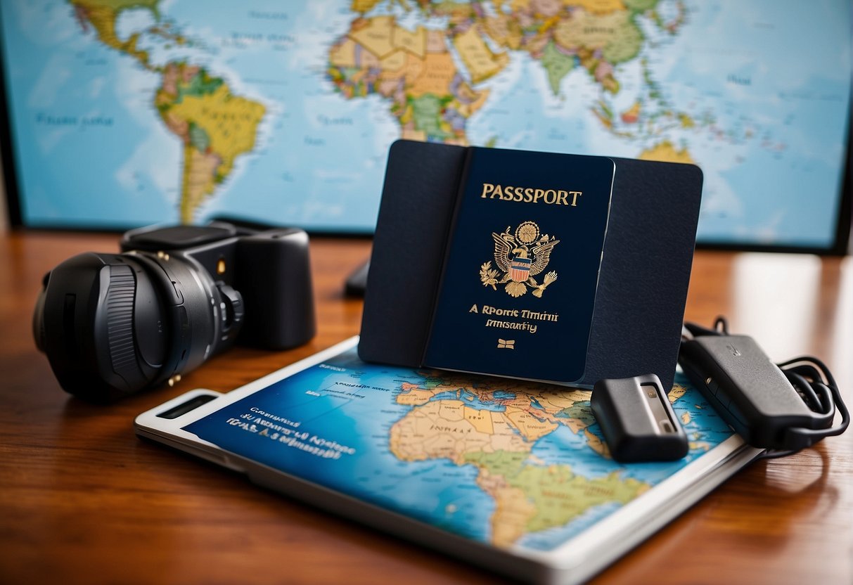 A passport, smartphone, charger, adapter, and laptop on a table with a world map and travel itinerary