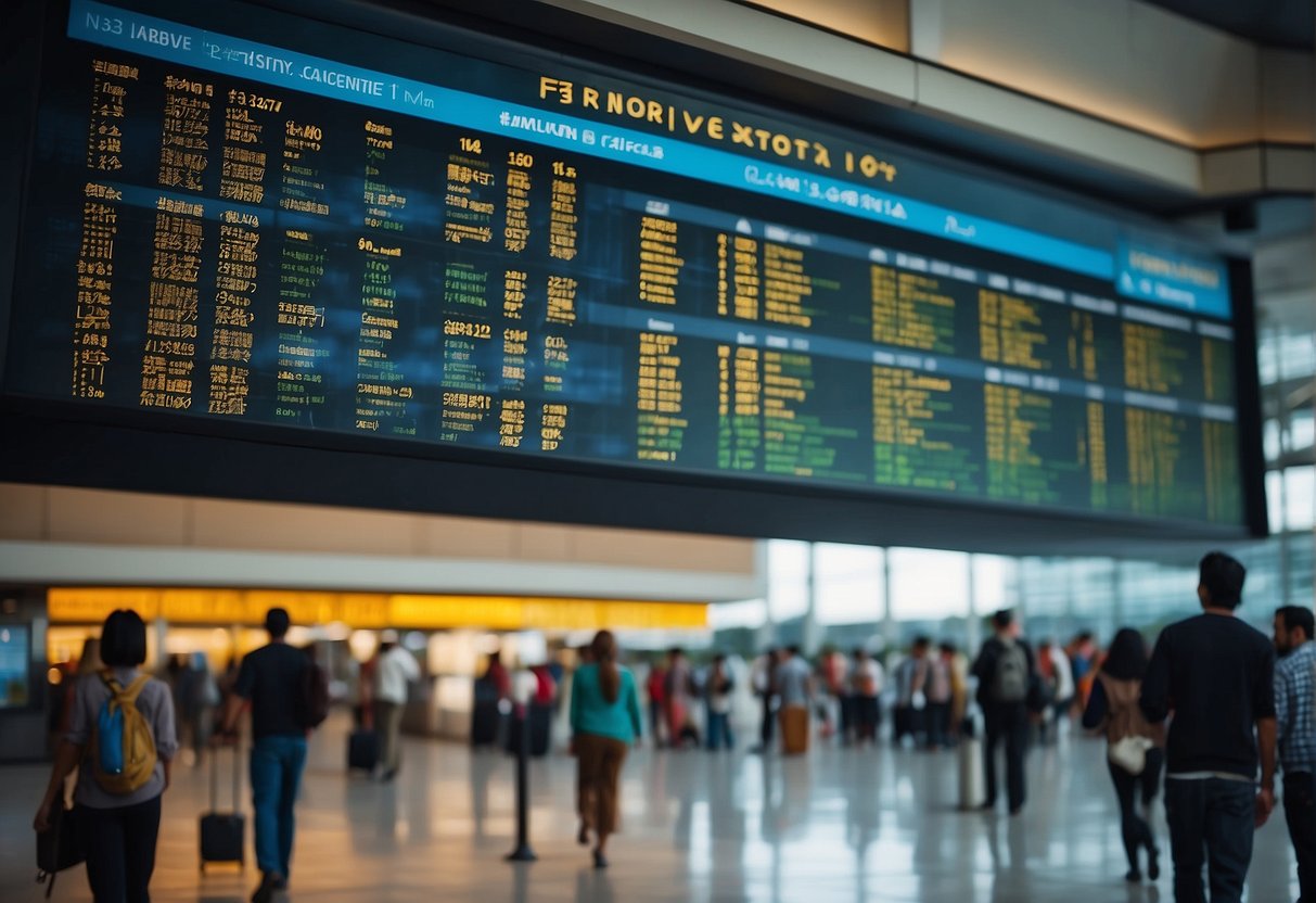 A departure board displaying international flight statuses with a crowd of travelers checking for updates