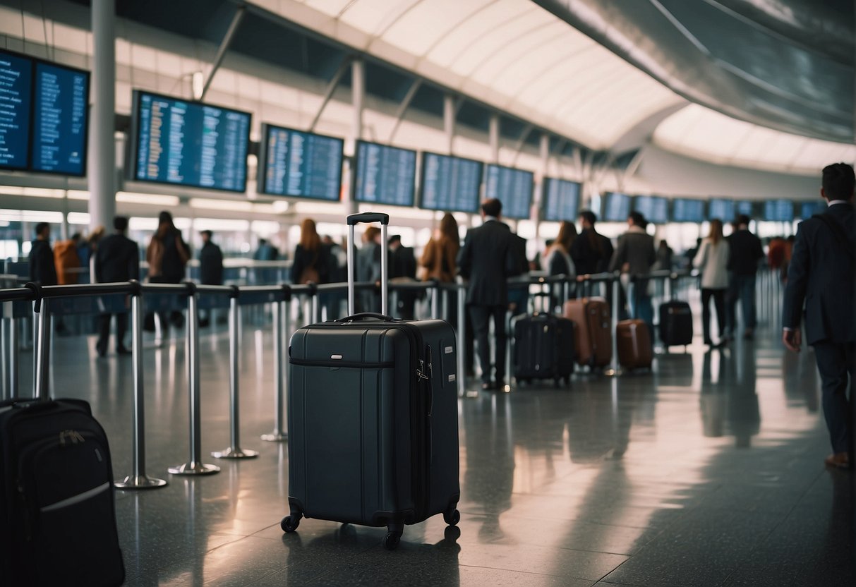 Passengers and luggage lined up at airport gates, planes on tarmac