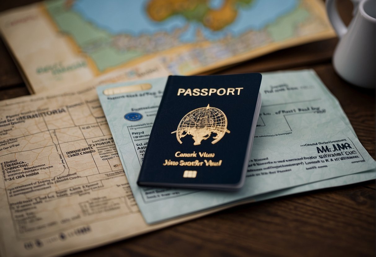 A passport and a Medicare card lying on a table, with a world map in the background