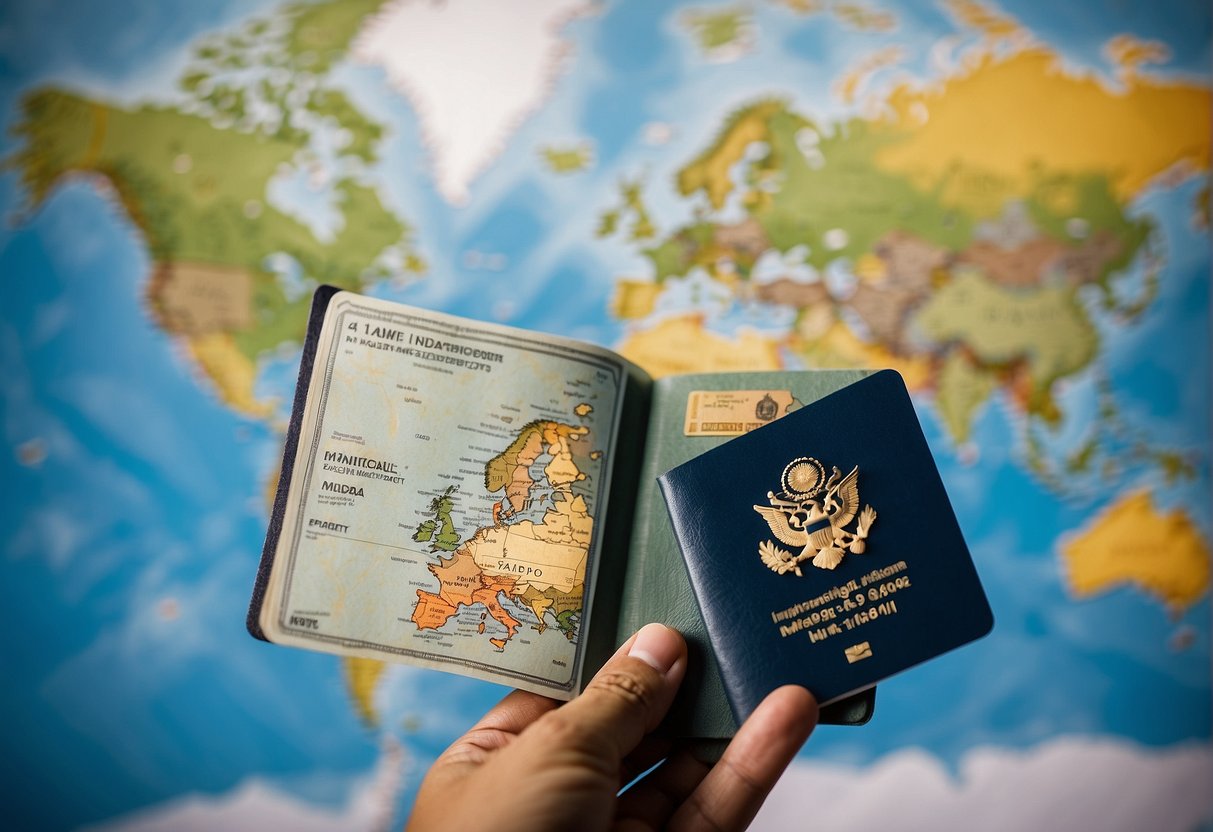 A person holding a passport and a Medicare card, standing in front of a world map with various international destinations highlighted