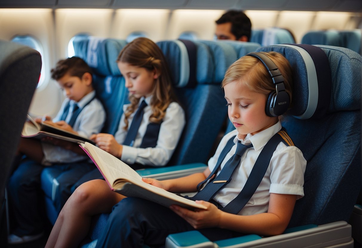 Children reading, playing, and sleeping in airplane seats with flight attendants checking on them periodically