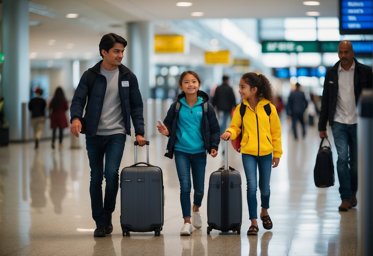 Unaccompanied minors arrive at designated area, staff verify identity, assist with luggage, and escort to waiting area for international flights