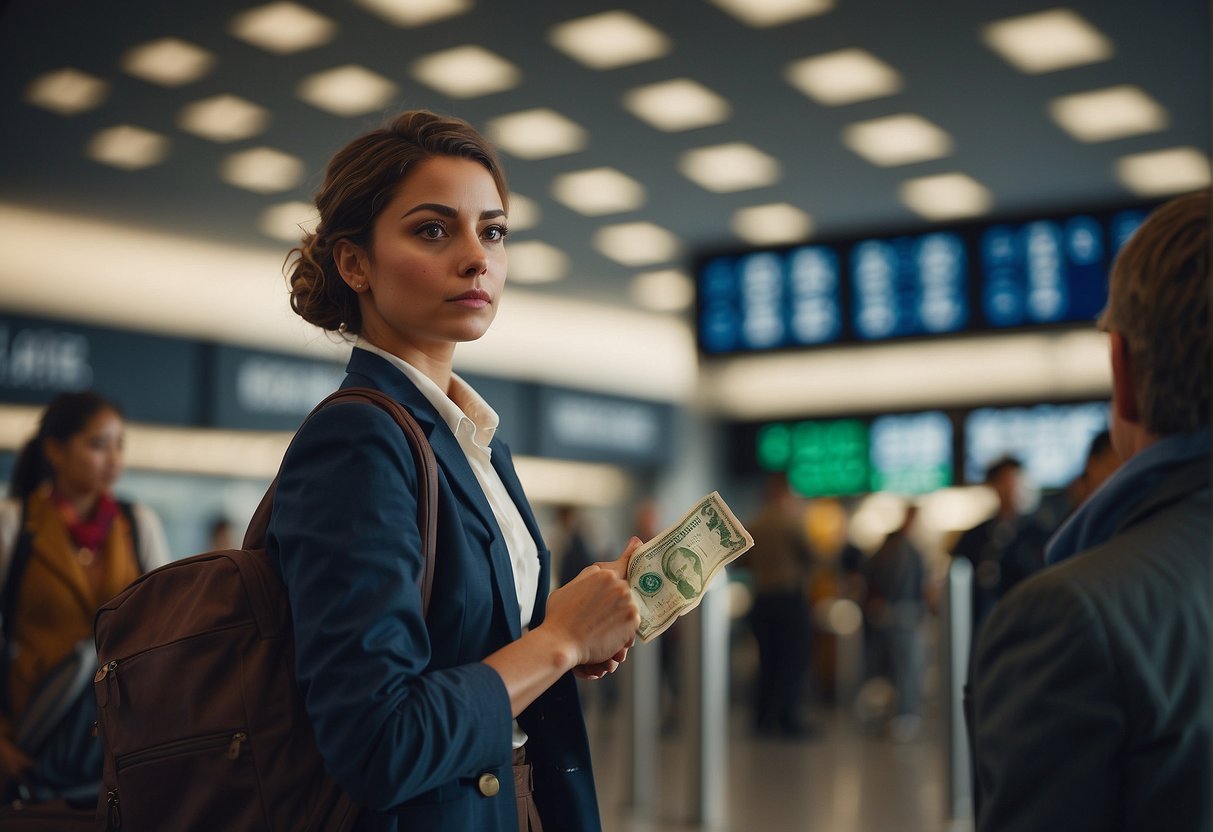 Unaccompanied minors wait at an airport gate, clutching their boarding passes and looking around anxiously. A flight attendant stands nearby, ready to assist