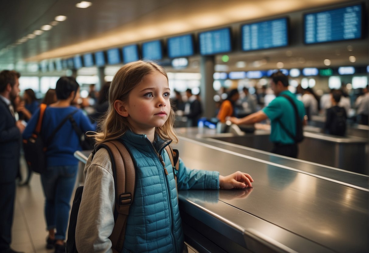 A young traveler at an airport counter, with a concerned look as staff explain fees and additional costs for unaccompanied minors on international flights