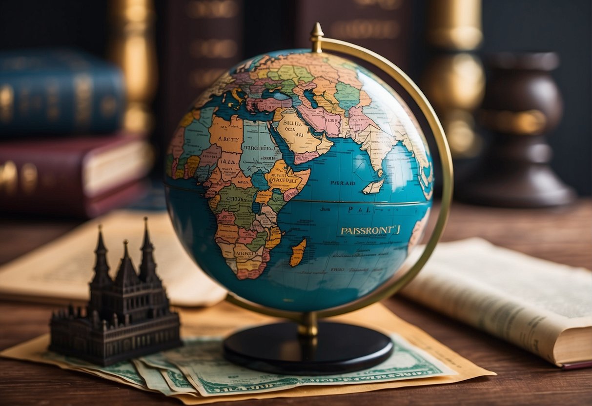 A globe surrounded by iconic landmarks, passport, and a travel insurance policy