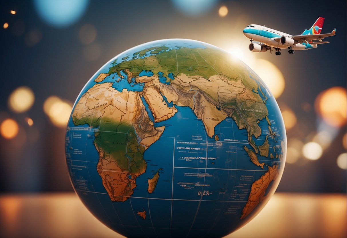 A globe surrounded by iconic landmarks, with a plane flying overhead and a travel insurance policy displayed prominently