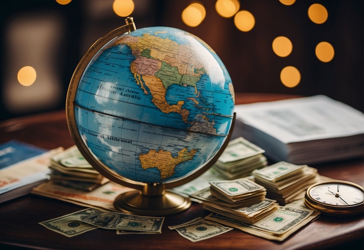 A globe surrounded by travel insurance documents and currency from around the world