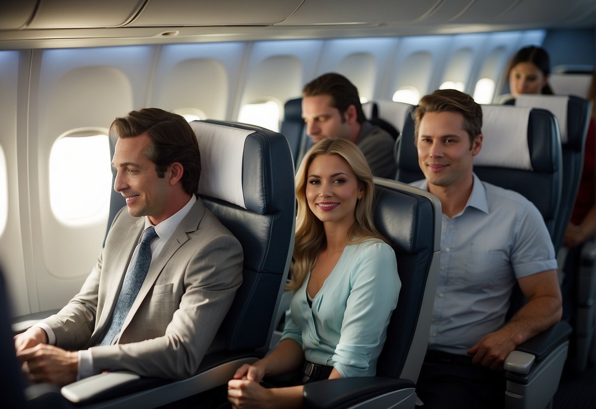 Passengers enjoying in-flight entertainment, comfortable seating, and attentive service on American Airlines international flights