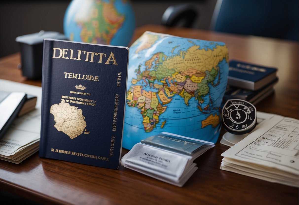 Passengers booking international flights with Delta Airlines. A globe, passport, and boarding pass on a desk. A world map on the wall