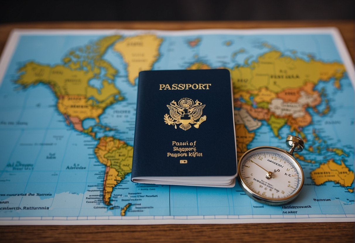 A person's passport and a swab test kit on a table with a world map in the background