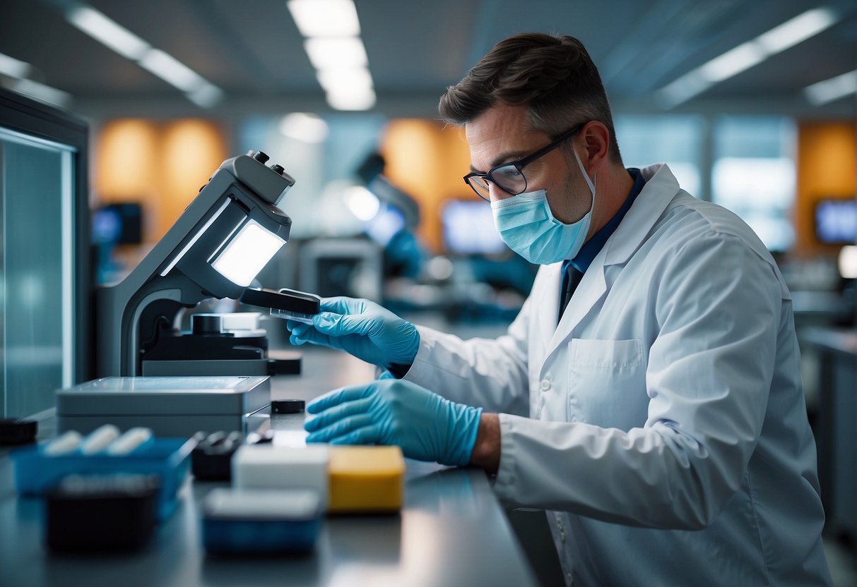 A lab technician conducts a covid test with updated variants for international travel