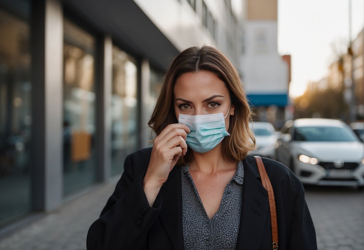 A person swabs their nose for a Covid-19 test next to an insurance office, preparing for international travel